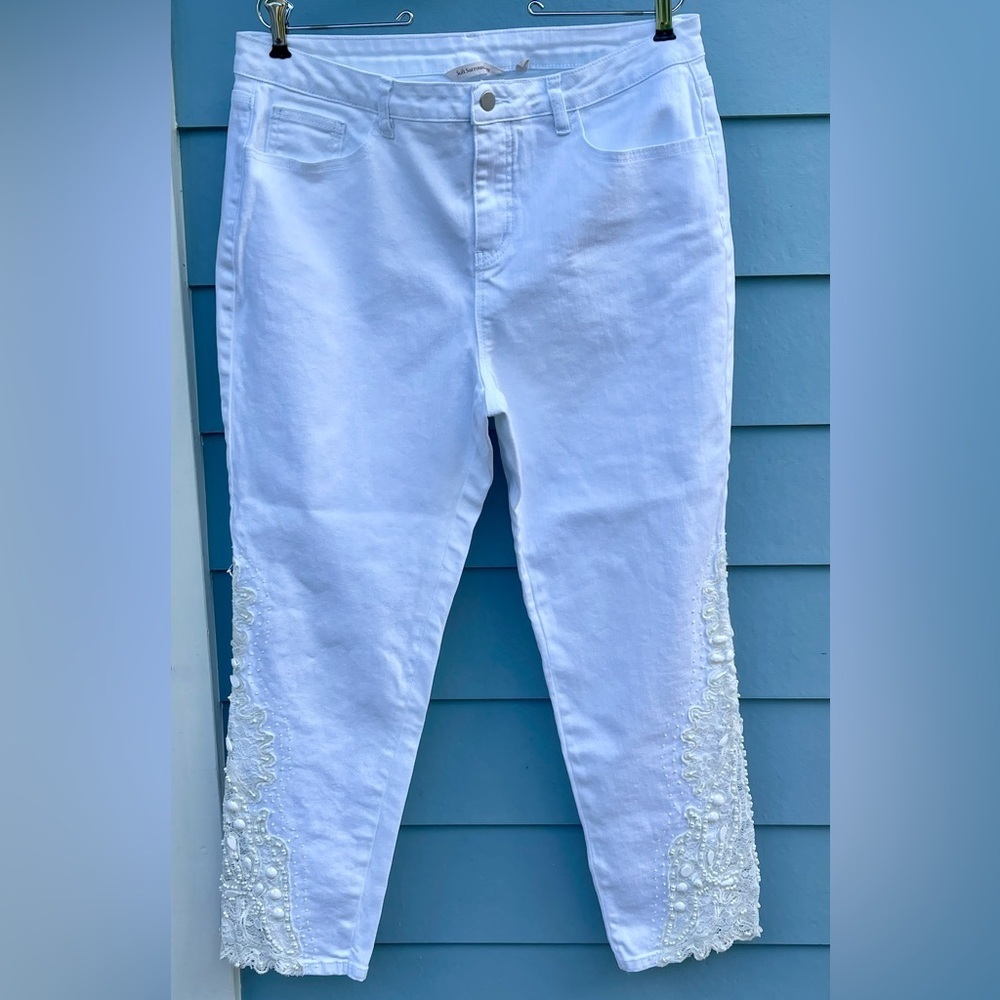 Soft Surrounding crisp white denim jeans, size 14, /lace and bead appliqué